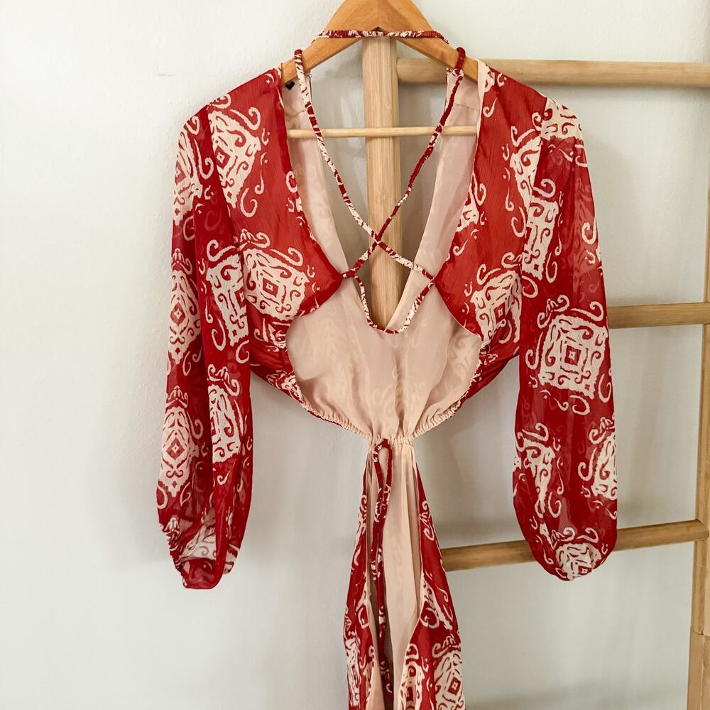 Zara Red Cream Printed Cutout Maxi Dress Size L Open Back Balloon Sleeve - Picture 8 of 12